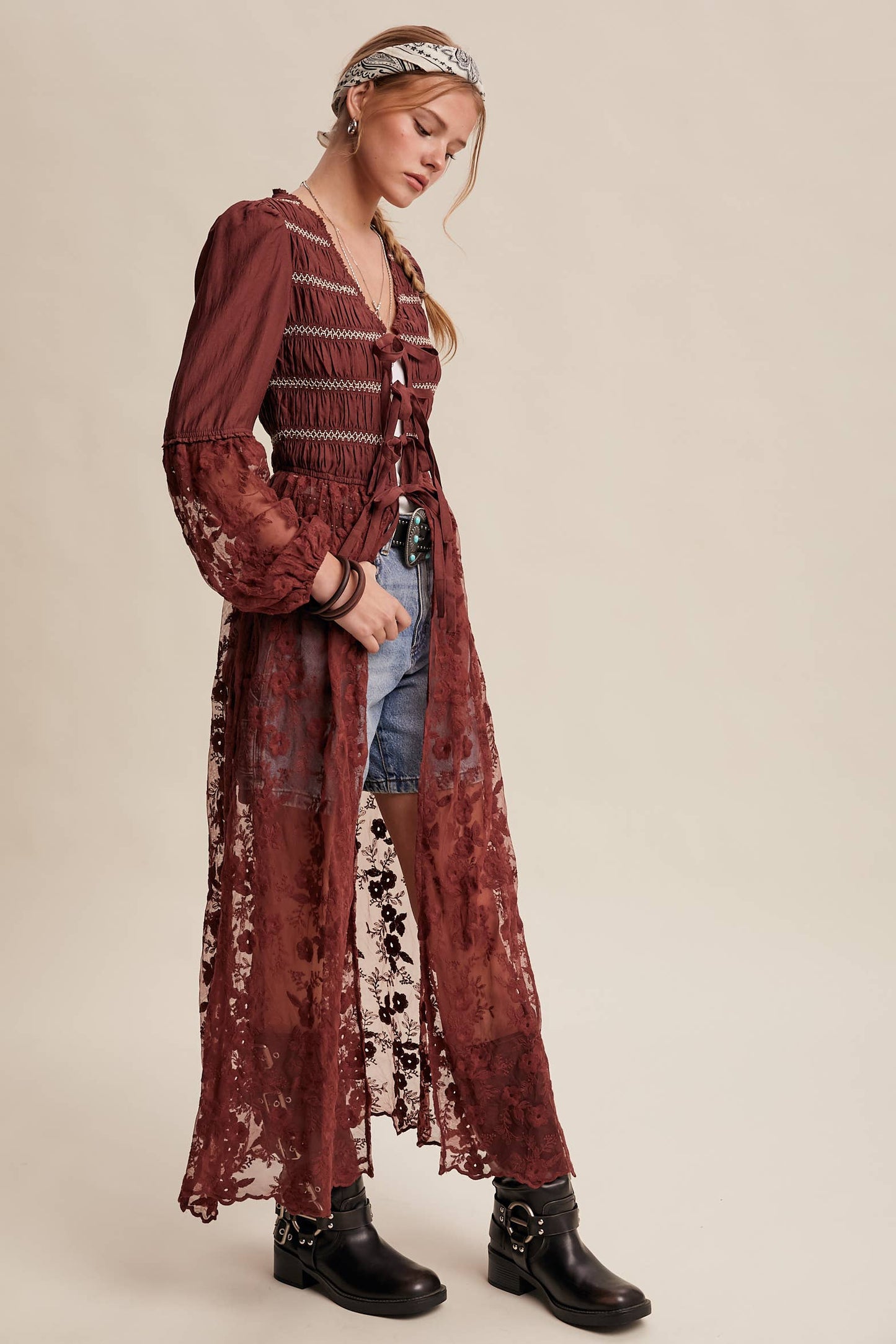 Lace-Up Embroidered Maxi Kimono - Wine