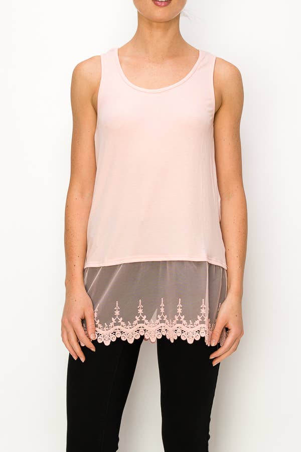 Soft Relaxed Tank With Delicate Floral Laced Hem - Pink