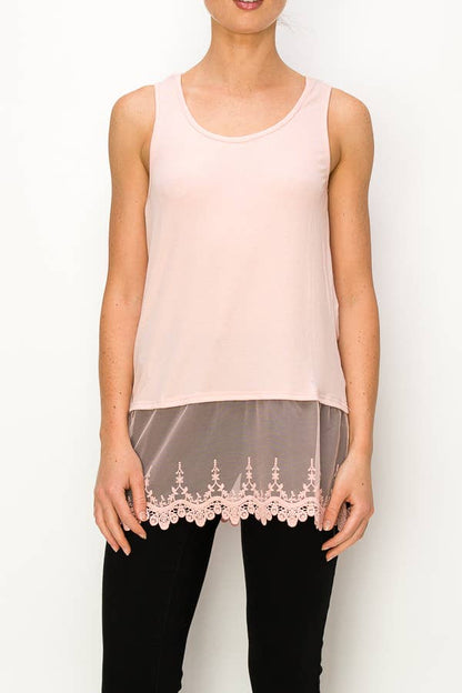 Soft Relaxed Tank With Delicate Floral Laced Hem - Pink