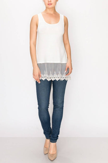 Soft Relaxed Tank With Delicate Floral Laced Hem - Ivory