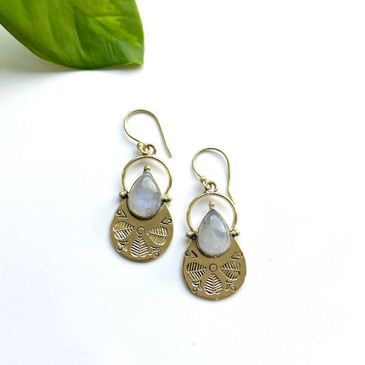 Brass Etched Moonstone Petal Earring