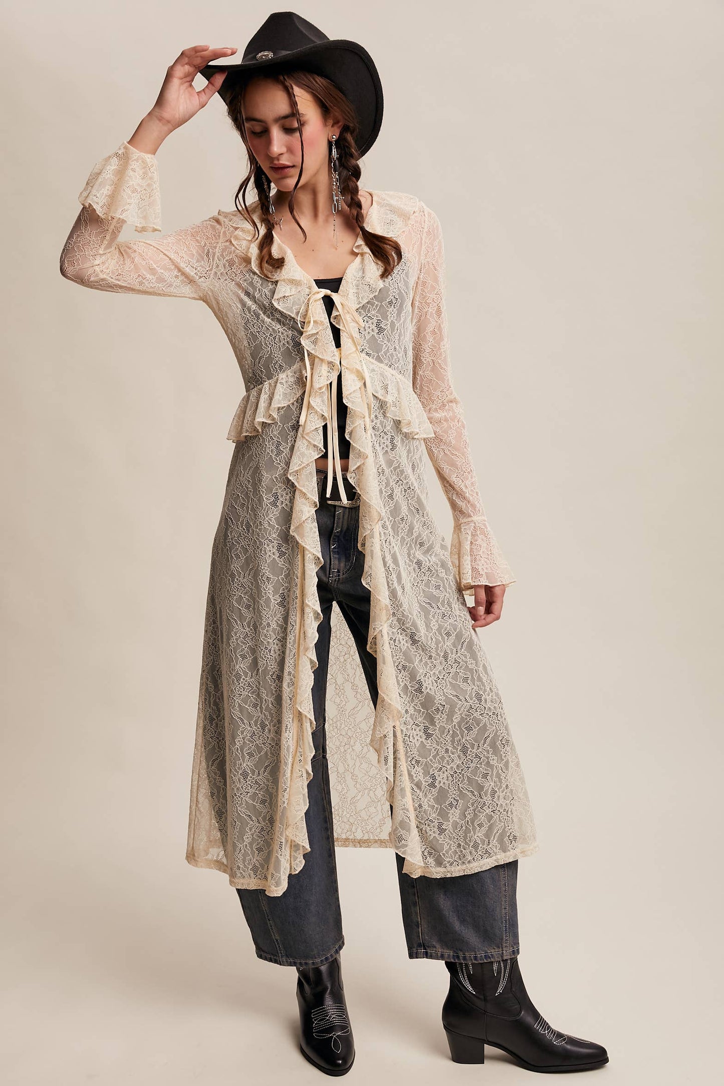 Sheer Lace Ruffle Duster - Ecru