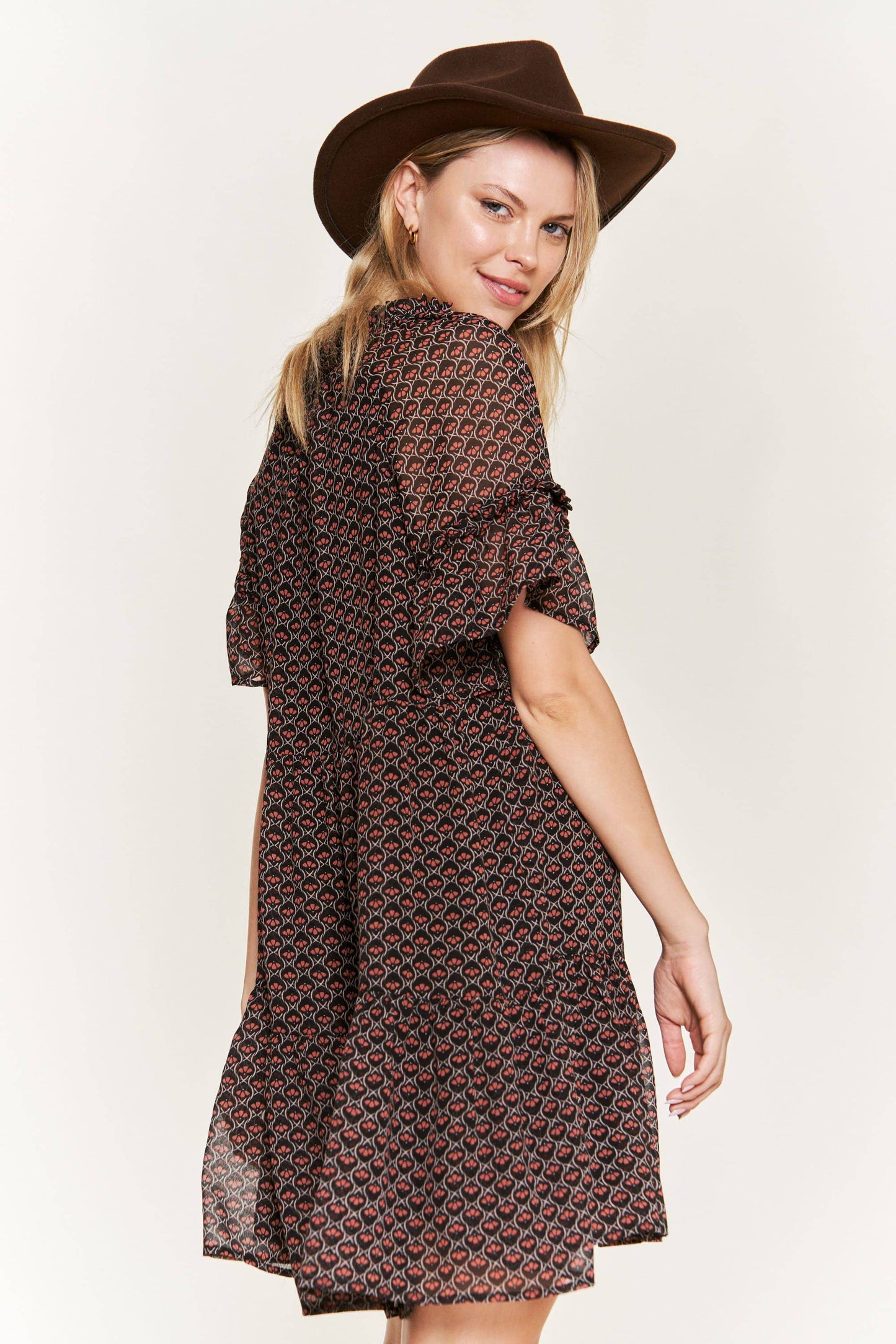 PLUS Floral Print V-Neck Mini Dress - Black