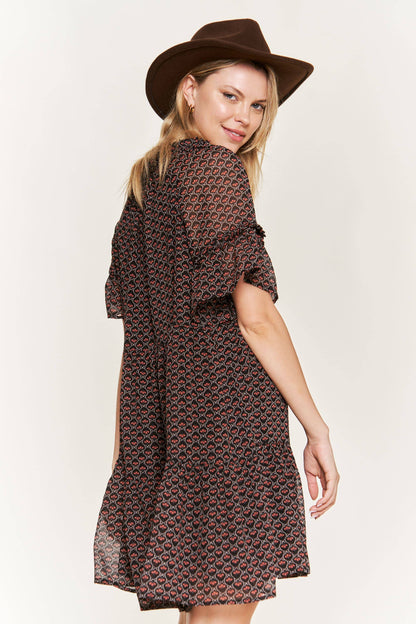 PLUS Floral Print V-Neck Mini Dress - Black