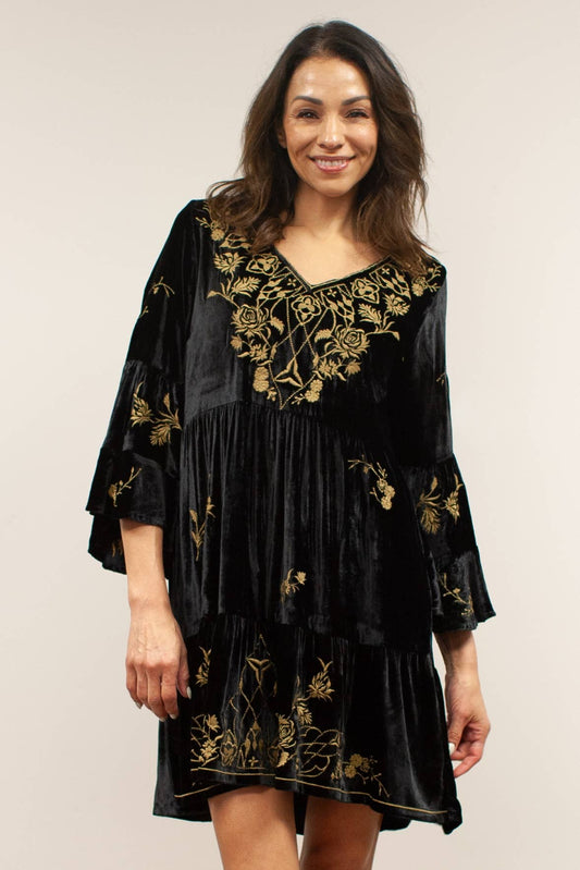 Frida Dress- Embroidered Black Velvet