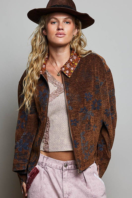 Floral Print Collared Long Sleeve Back Yoke Zip-Up Jacket - RUSTIC MOCHA