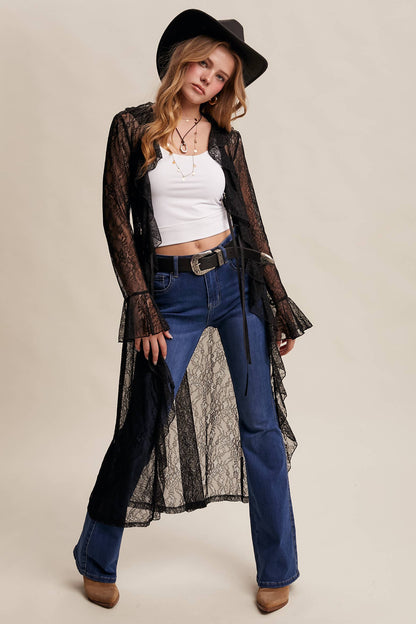 Sheer Lace Ruffle Duster - Black