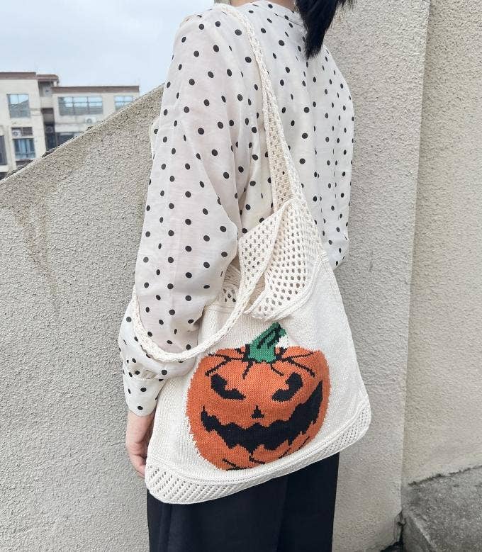 Halloween pumpkin tote knitted candy bag - Apricot