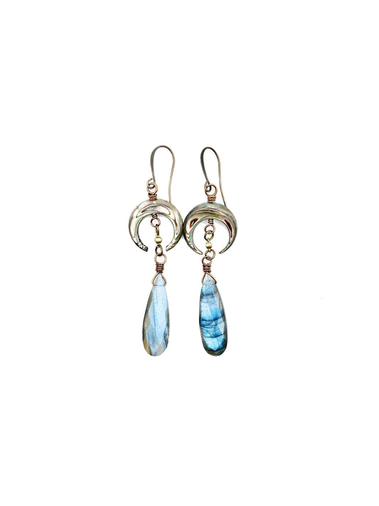 Abalone Crescent Moon and Labradorite Earring
