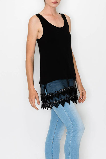 TANK TOP TRIMMED WITH SPARKLY LACE - BLACK