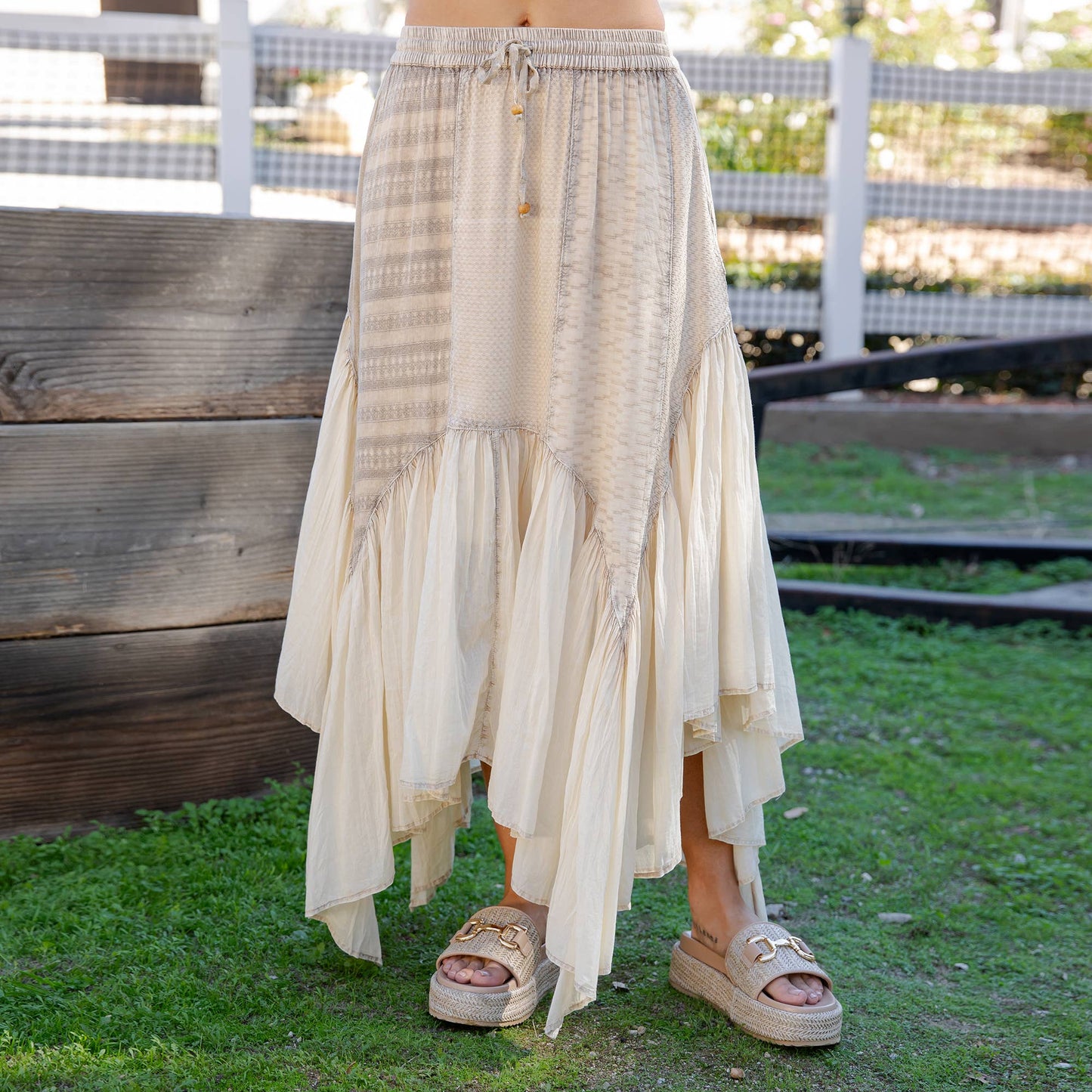 Boho Mixed Panel Drawstring Handkerchief Skirt - Latte