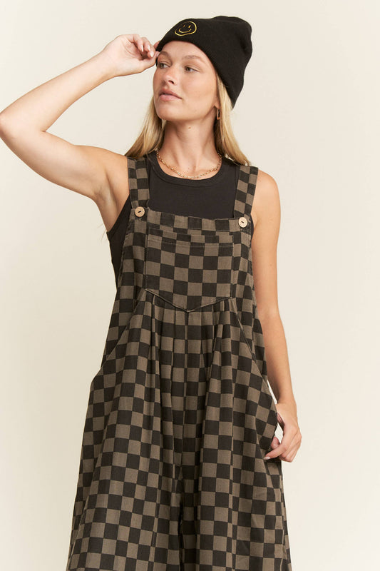 Curve Wide-Leg Overalls - Charcoal/Black Checker