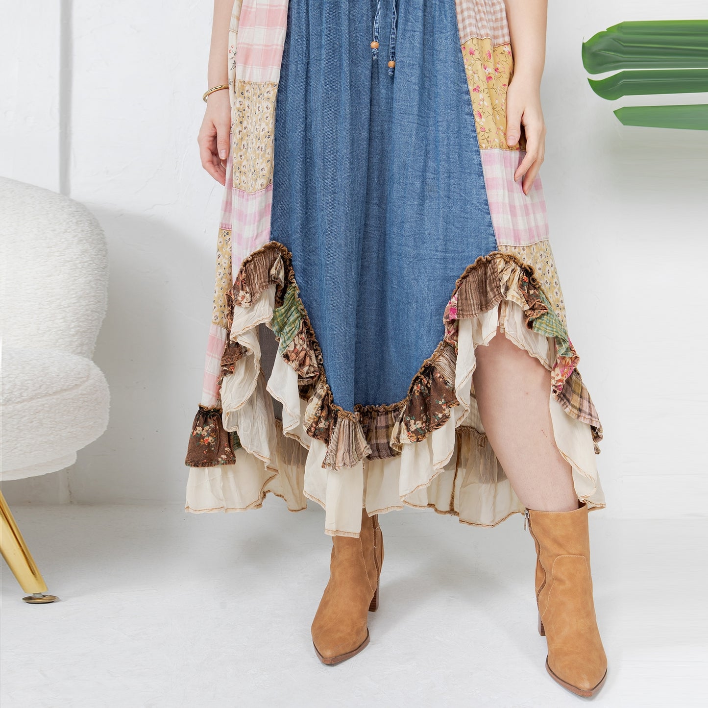 Curve Patchwork Midi Skirt - Denim