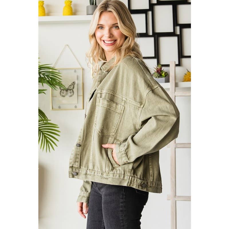 Curve Pleated Back Denim Jacket - Olive