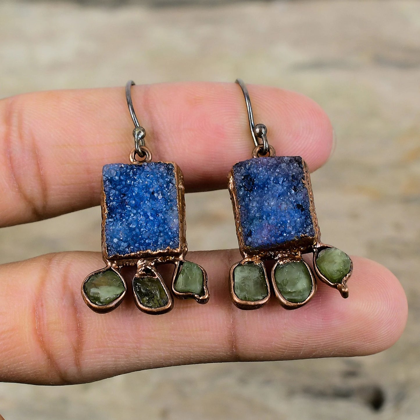 Blue Druzy and Green Tourmaline Earrings