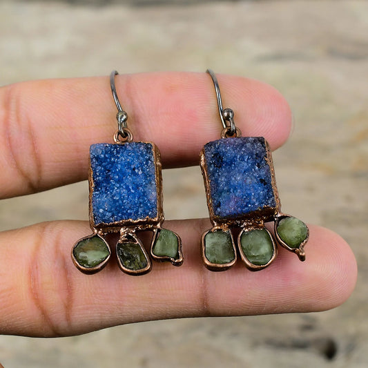 Blue Druzy and Green Tourmaline Earrings