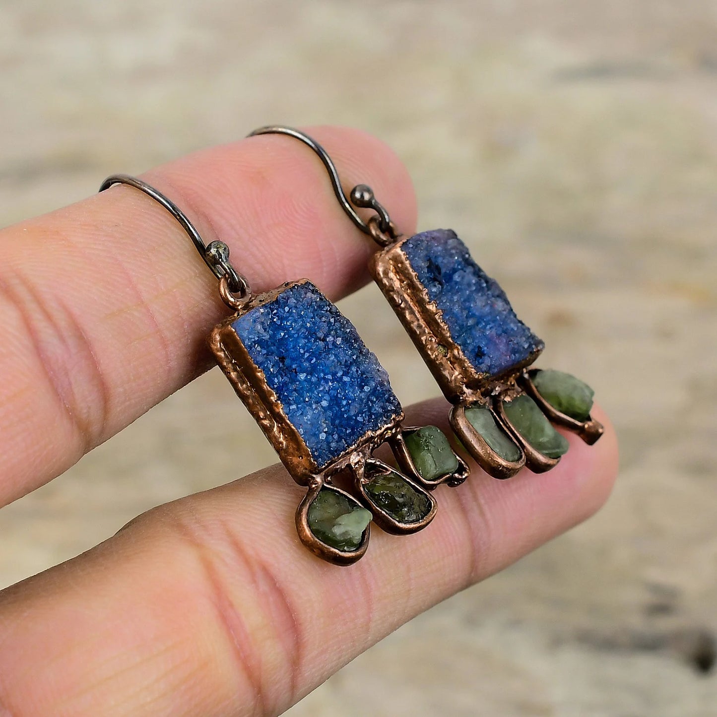 Blue Druzy and Green Tourmaline Earrings