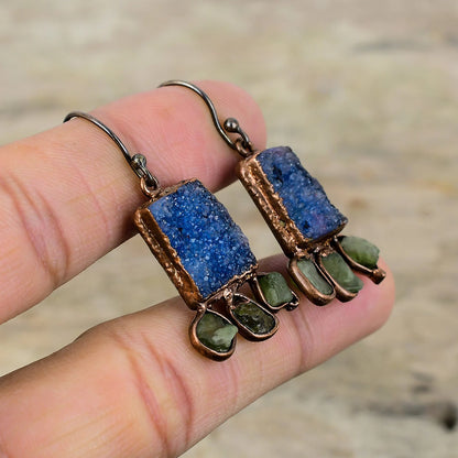 Blue Druzy and Green Tourmaline Earrings