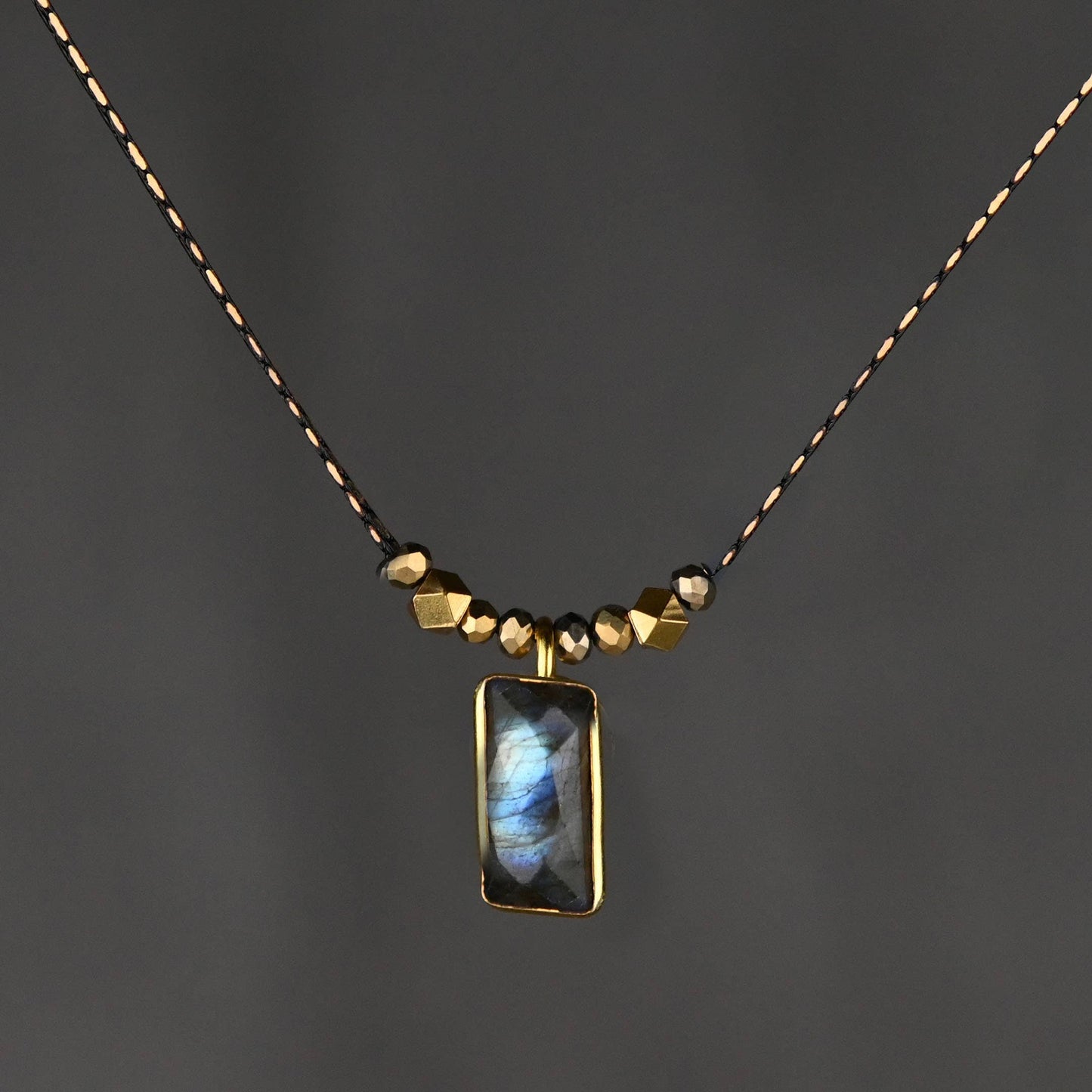 Delicate Beaded Necklace with Rectangle Semi Precious Labradorite