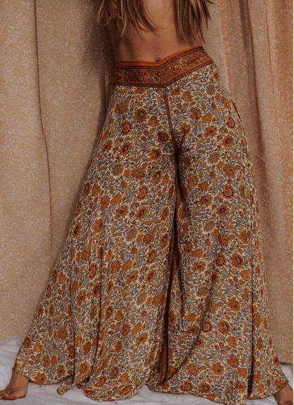 Hippie Boho Silk Bell Bottom Flare Pants, Palazzo Pants - Cream/Orange Flowers