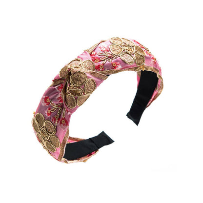 Vintage floral Embroidered Knot Headband - Pink