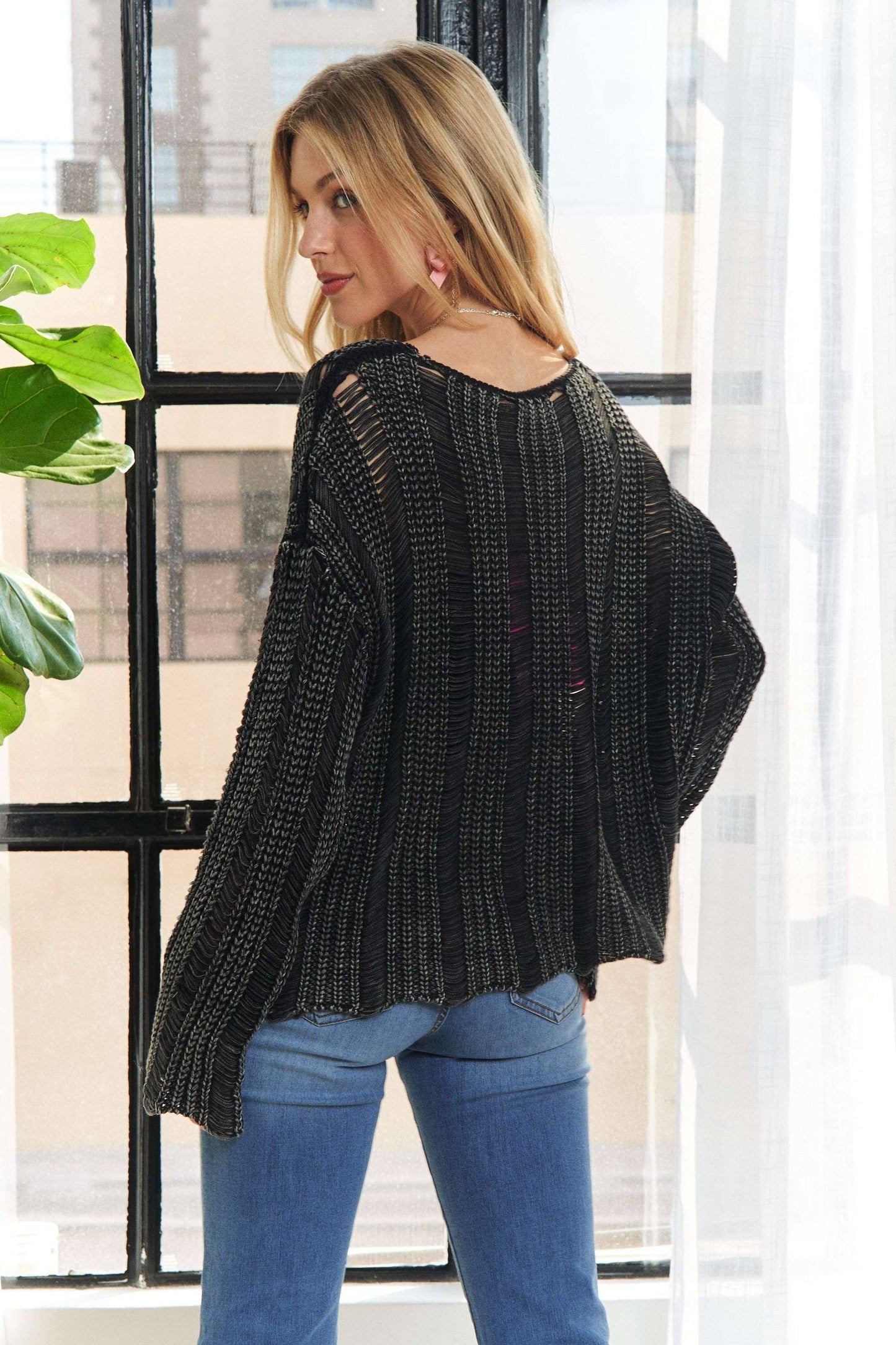 DISTRESSED MINERAL WASHED SWEATER - CHARCOAL