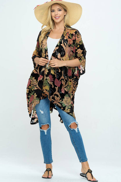Floral Print Velvet Kimono