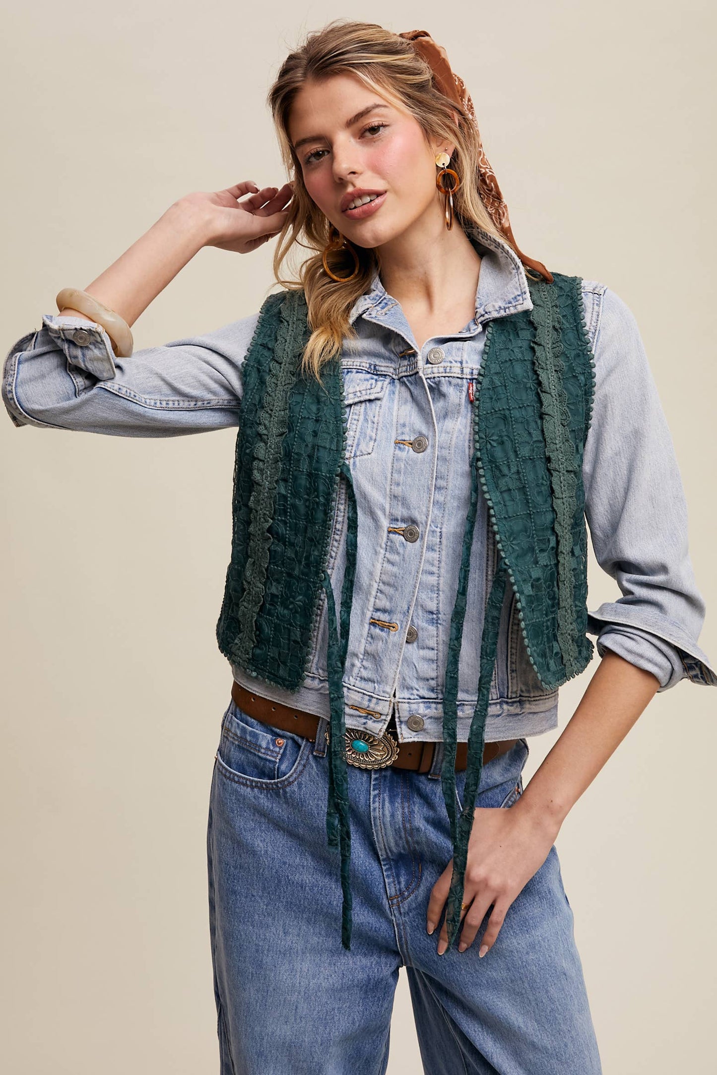 Embroidered Lace Tie-Front Vest - Deep Green