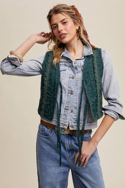 Embroidered Lace Tie-Front Vest - Deep Green