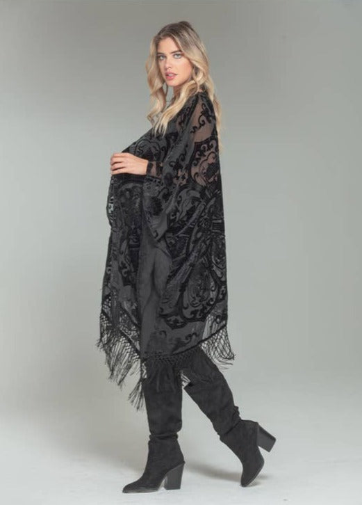 Velvet Fringe Trim Kimono in Black - La De Da
