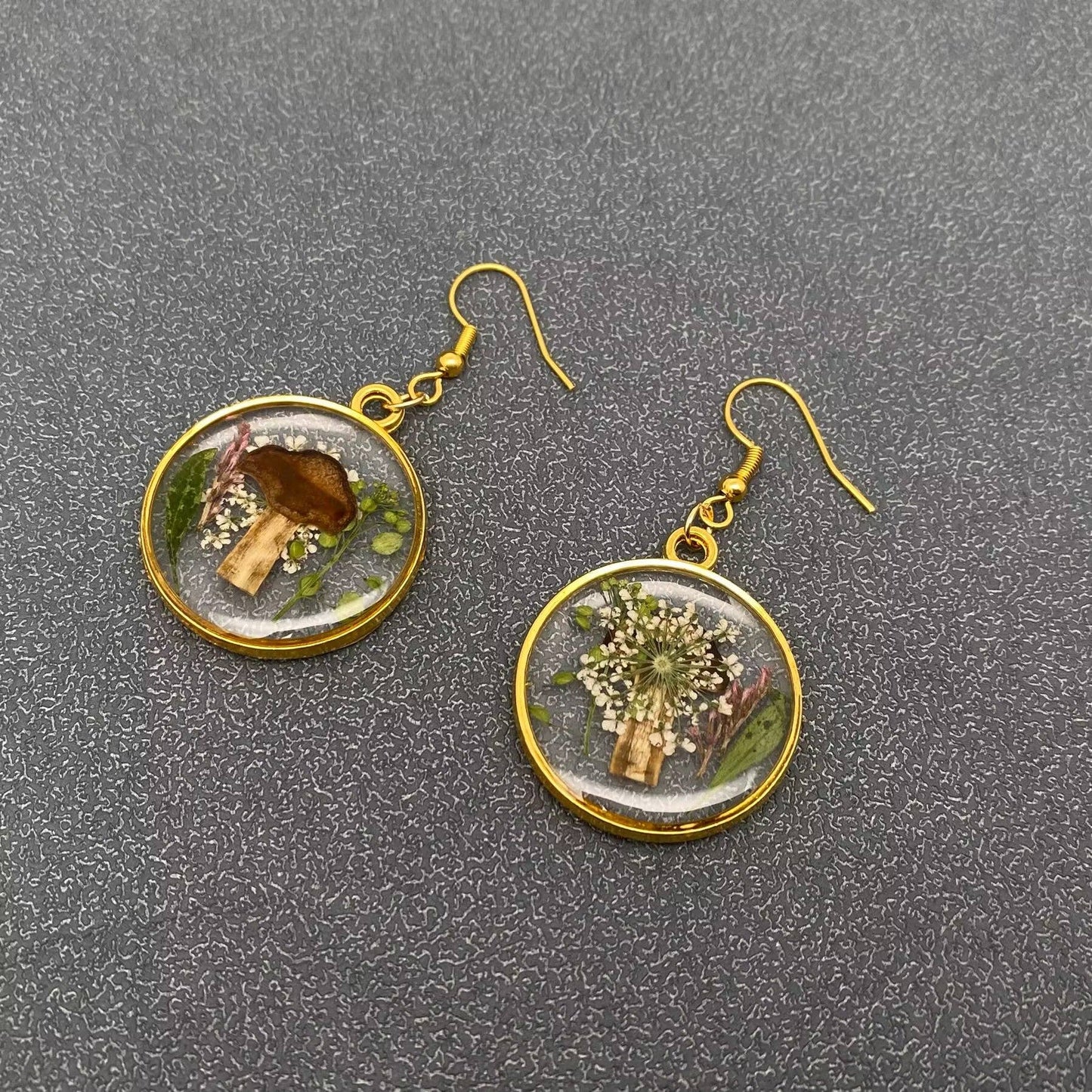 Dried Flowers & Mushroom Round Dangle Earrings