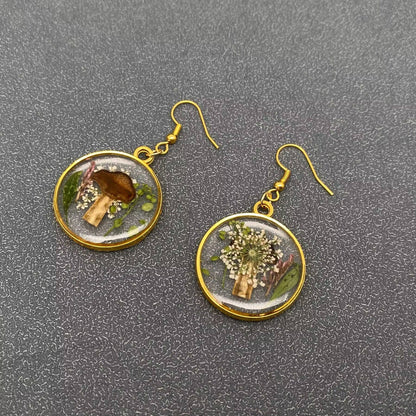 Dried Flowers & Mushroom Round Dangle Earrings