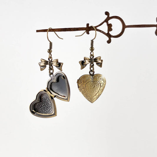 Heart Locket Earrings | Working Lockets with Bow Detail - Antique Bronze