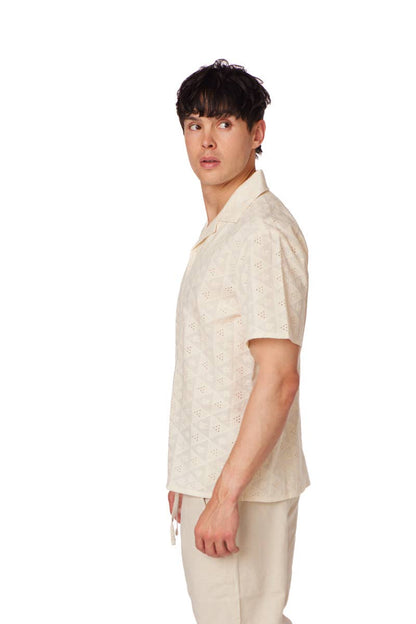 Textured Short Sleeve Men's Cotton Shirt  - Off White
