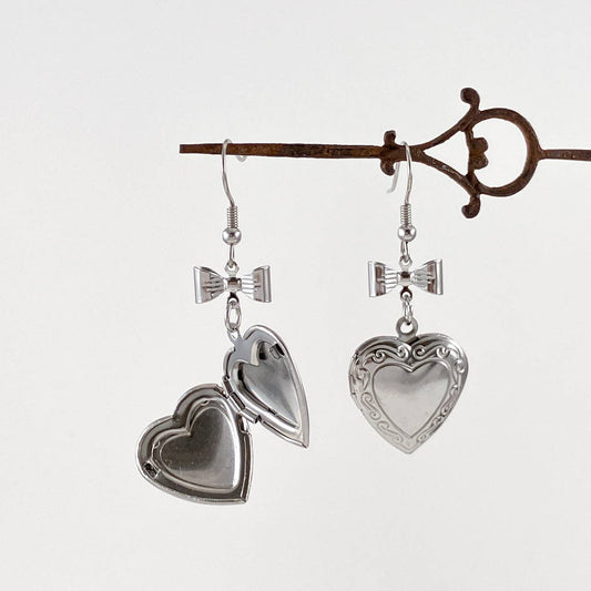 Heart Locket Earrings | Working Lockets with Bow Detail - Stainless Steel