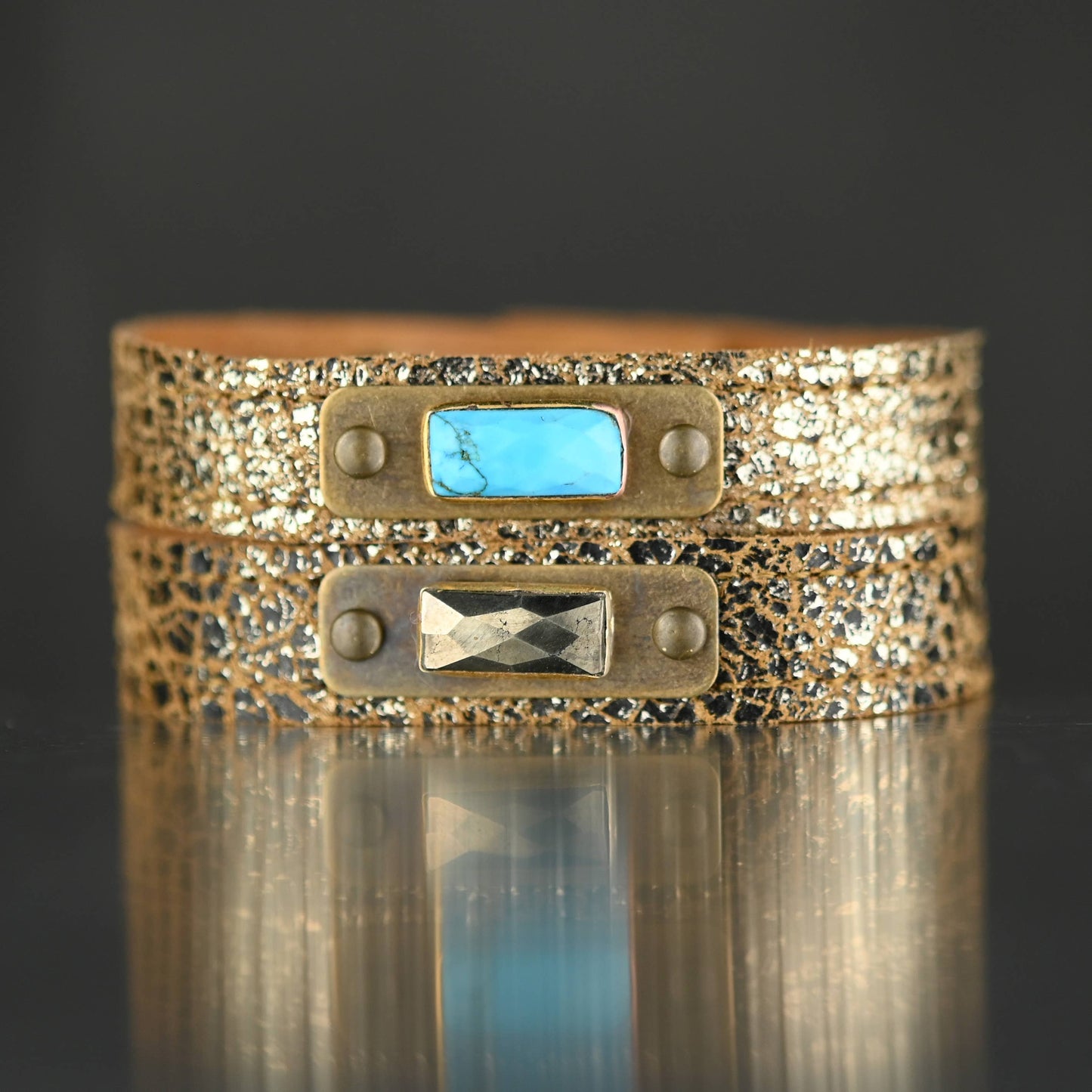 Leather Stacker Gold Sparkle Cuff w/ Semi Precious- Turquoise Howlite