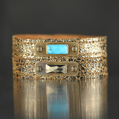 Leather Stacker Gold Sparkle Cuff w/ Semi Precious- Pyrite