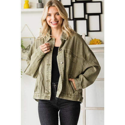 Curve Pleated Back Denim Jacket - Olive