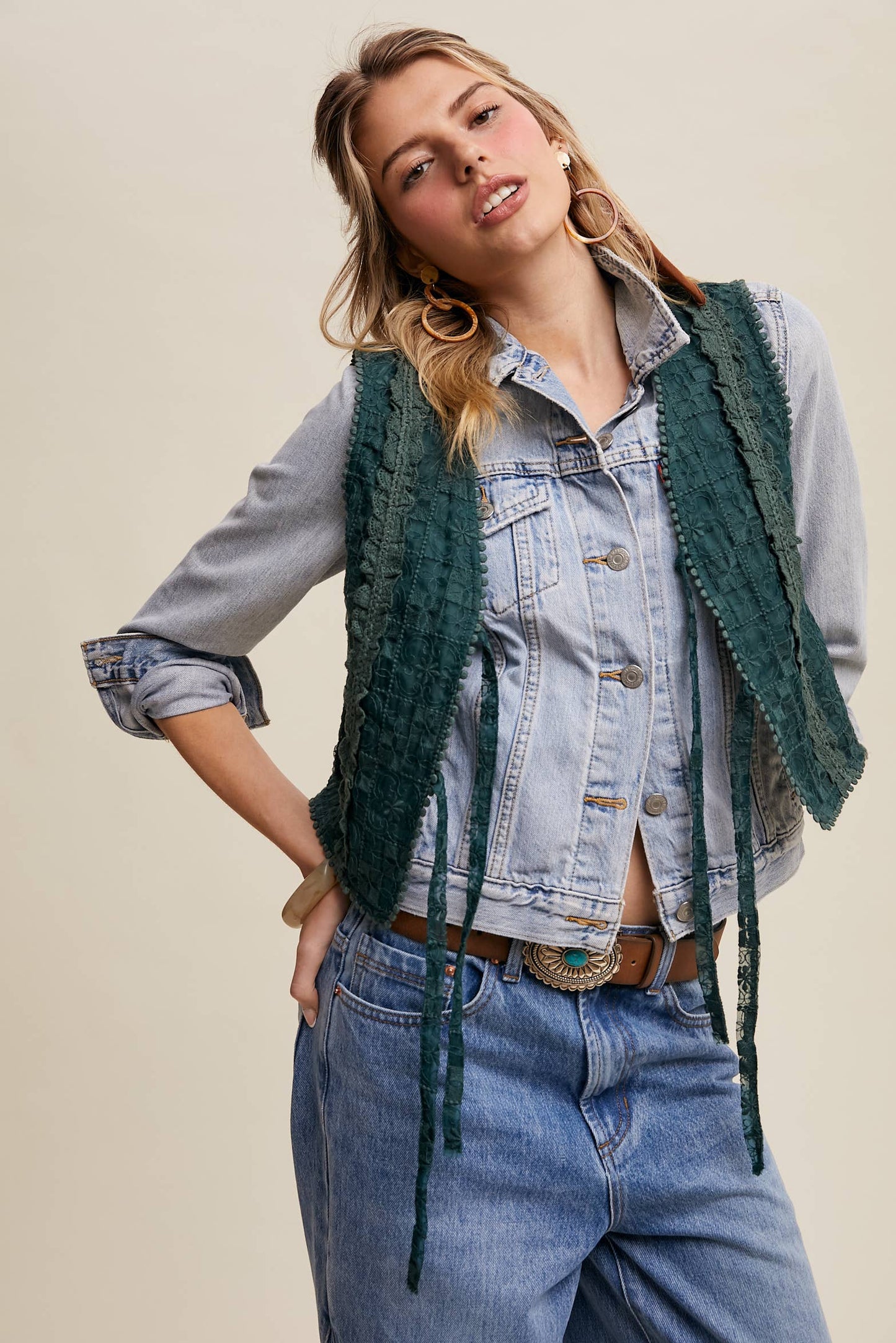 Embroidered Lace Tie-Front Vest - Deep Green