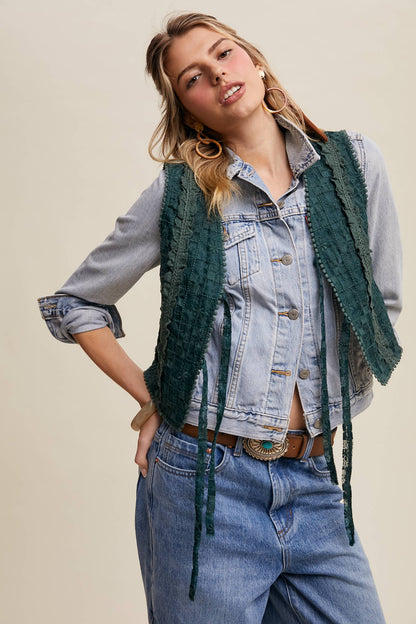 Embroidered Lace Tie-Front Vest - Deep Green
