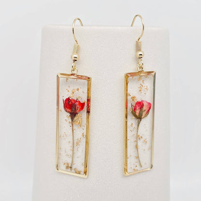 Rectangular Rose Dried Flowers Dangle Earrings