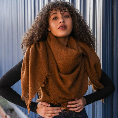 Cozy Mohair Open Work Square Blanket Scarf- Camel