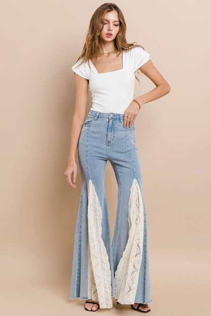 Lace Detail Wide Leg Jeans- Light Denim