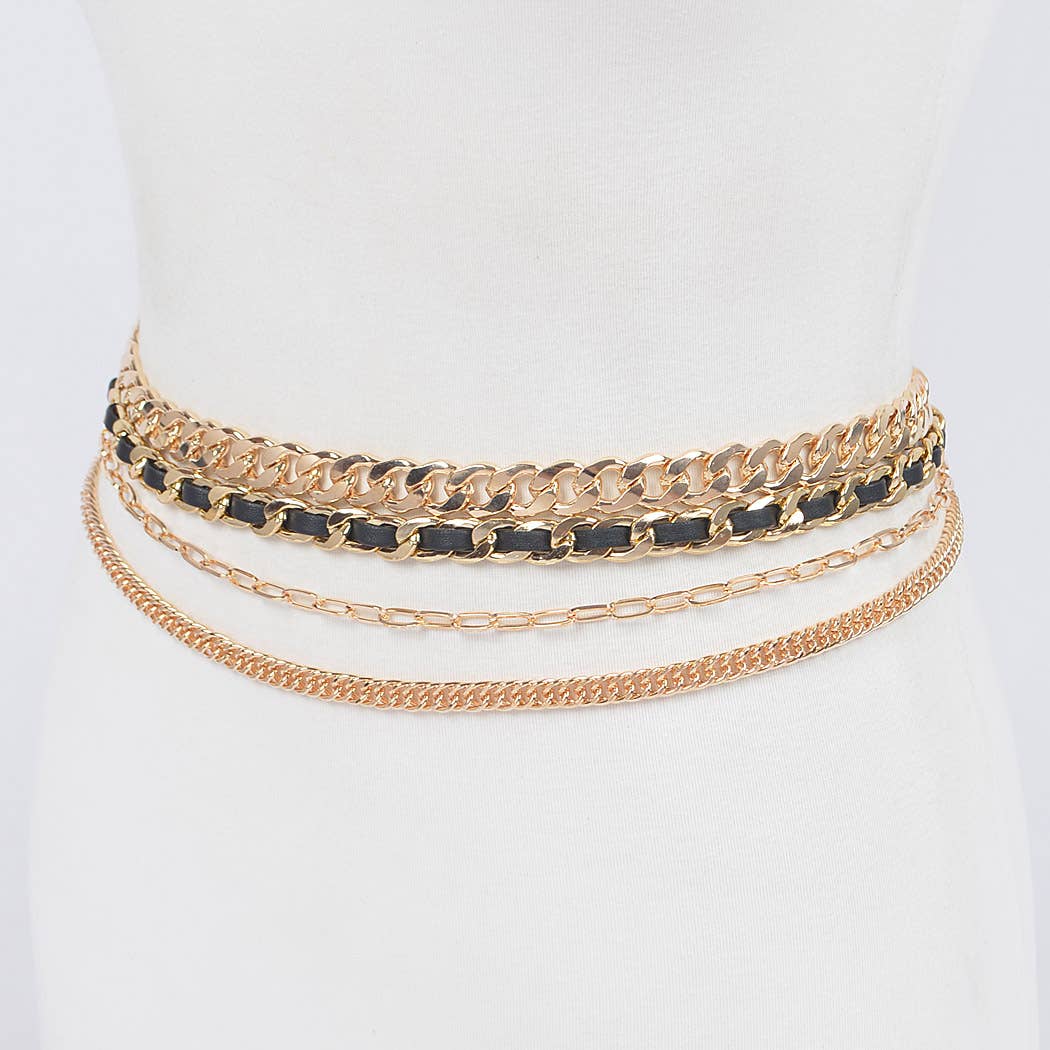 Multi Layered Chain Belt with Cording Accent - Gold