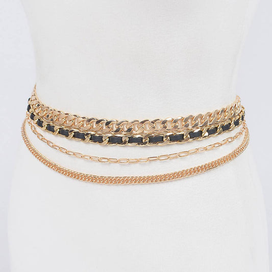Multi Layered Chain Belt with Cording Accent - Gold