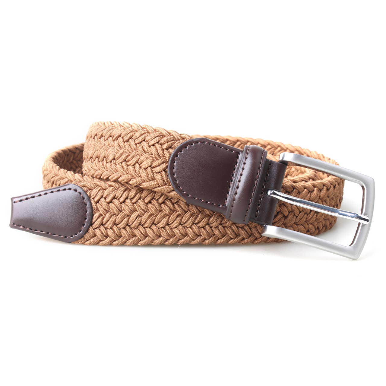 Mens Thick Braided Stretch Woven Fabric Belt w/ Leather Trim - Khaki