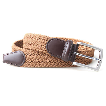 Mens Thick Braided Stretch Woven Fabric Belt w/ Leather Trim - Khaki