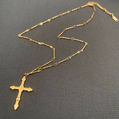 Zircon Inlaid Cross Charm 18K Gold Plated SS Necklace - FGS