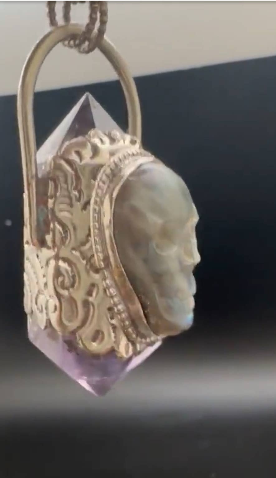 Double point amethyst pendant, labradorite skull, handcrafted