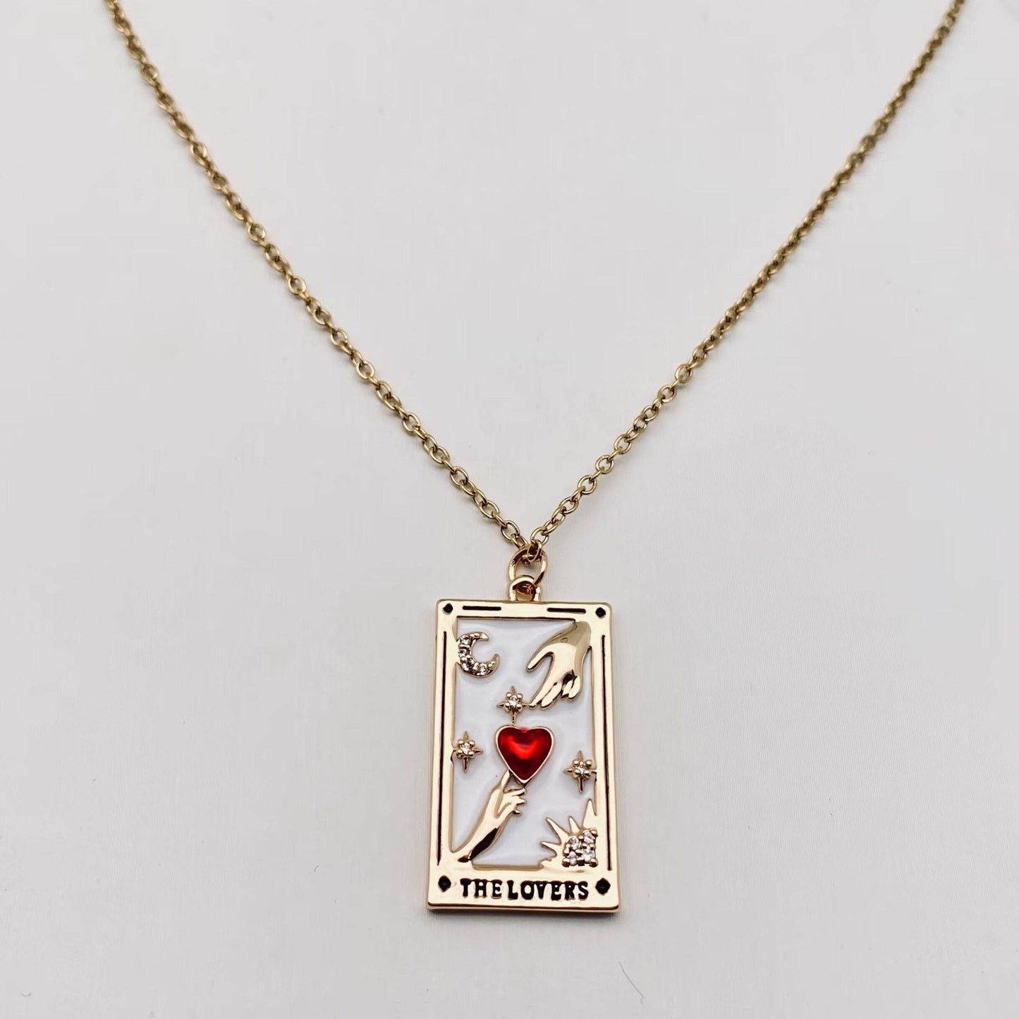 Enamel Tarot Inlay Cubic Zirconia Pendant Necklace - LOVERS
